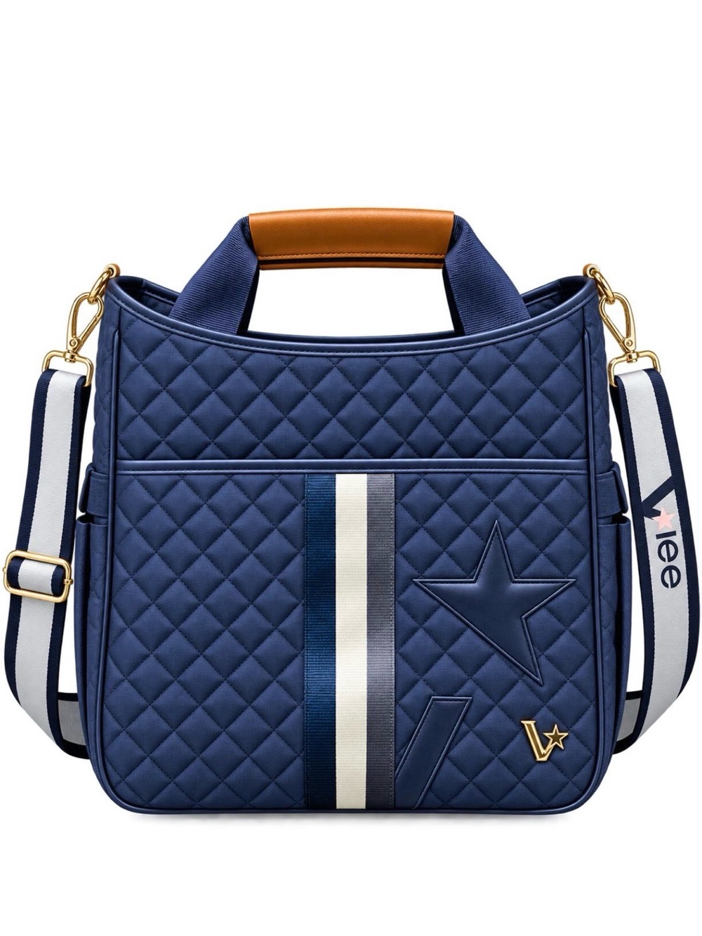 Lee Quilted Navy Shoulder Tote with Star Accent and Striped Strap